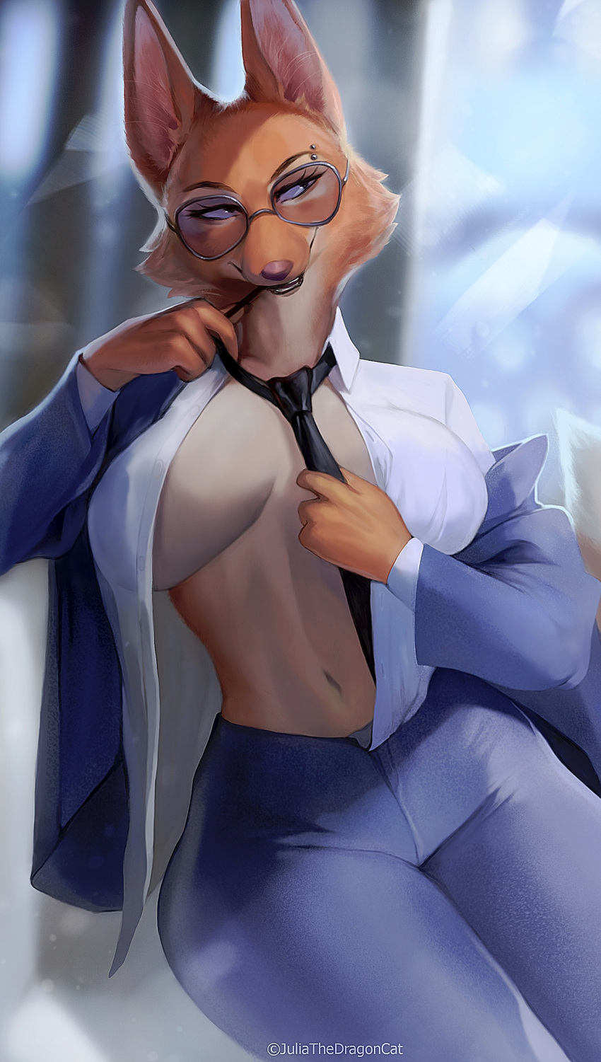 2022 anthro big_breasts breasts canid canine clothed clothing diane_foxington dreamworks eyebrow_piercing eyewear facial_piercing female fox fur glasses hi_res juliathedragoncat mammal open_clothing open_shirt open_topwear piercing red_body red_fur shirt solo the_bad_guys topwear