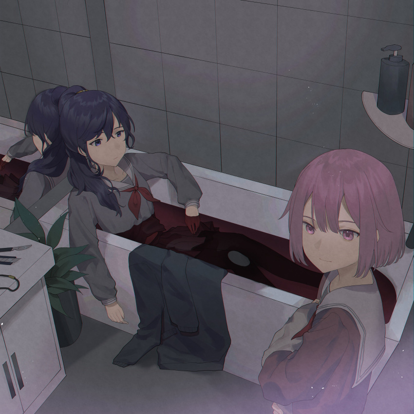 2girls absurdres asahina_mafuyu bath bath_of_blood bathroom bathtub blood expressionless highres indoors jacket long_hair multiple_girls ootori_emu pink_eyes pink_hair plant project_sekai purple_hair re_kyu school_uniform short_hair smile