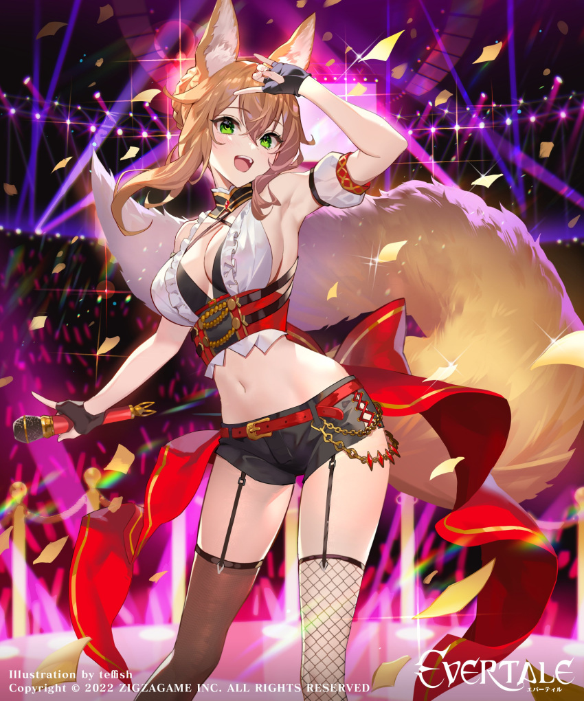 1girl 2022 absurdres animal_ears arm_at_side arm_up artist_name bangs blonde_hair breasts cleavage company_name copyright crop_top evertale fishnets fox_ears fox_girl fox_tail garter_straps green_eyes hair_between_eyes highres holding holding_microphone idol idol_clothes large_breasts medium_hair microphone mysha navel official_art open_mouth shorts sidelocks smile solo stage stage_lights standing tail teffish thighhighs