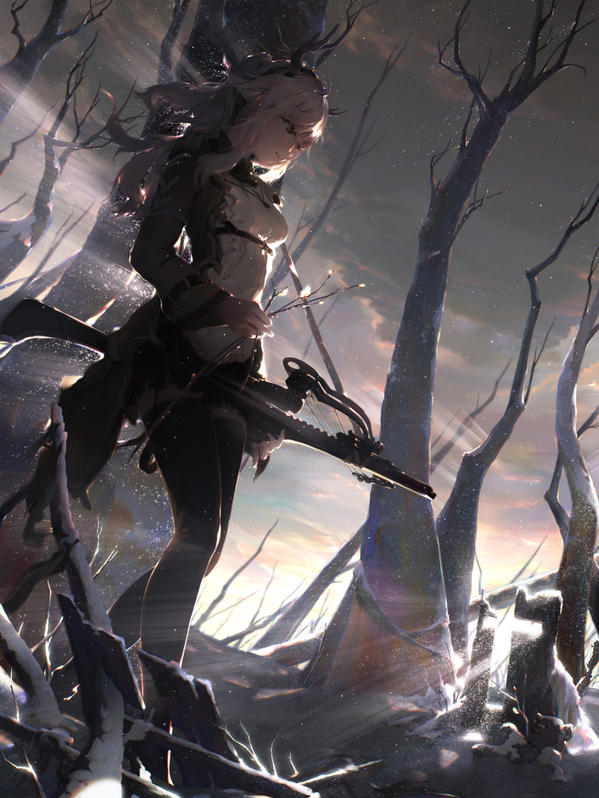1girl absurdres antlers arknights backlighting bangs bare_tree black_gloves black_legwear black_shorts branch breasts cloud crossbow day dutch_angle fingerless_gloves firewatch_(arknights) forest gloves grey_hair highres hiya_(user_dvyd4375) holding holding_branch jacket legwear_under_shorts light_particles light_rays light_smile long_hair long_sleeves nature outdoors pantyhose shirt shorts sky solo sunlight tree walking weapon white_shirt