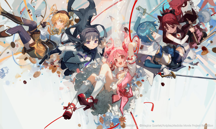 5girls absurdres akemi_homura anthony_(madoka_magica) black_hair blonde_hair blue_eyes blue_hair ciloranko dress drill_hair flower food frilled_dress frills hat highres holding holding_weapon kaname_madoka long_hair magical_girl mahou_shoujo_madoka_magica midair miki_sayaka multiple_girls pink_hair ponytail purple_eyes red_hair ribbon sakura_kyouko short_hair skirt smile sweets thighhighs tomoe_mami twin_drills twintails weapon