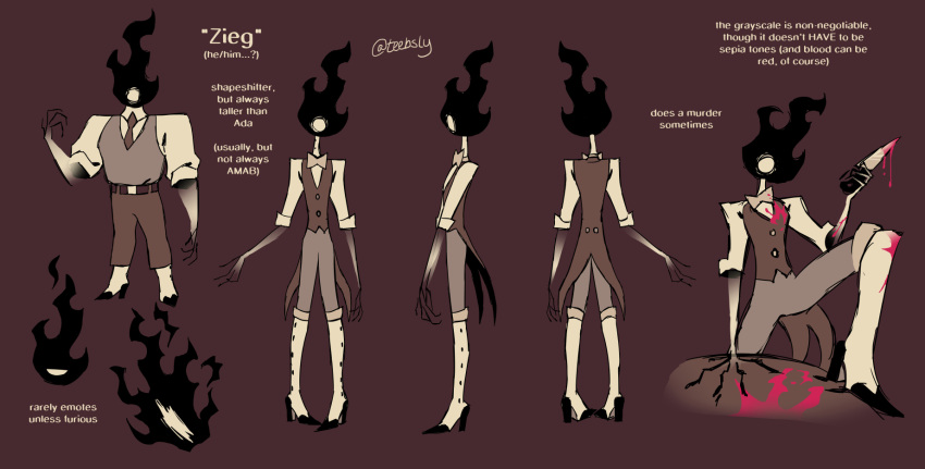 blood blood_on_clothing bodily_fluids clothed clothing elemental_creature english_text fire fire_creature hi_res humanoid knife male model_sheet solo text tinybeasts toony zieg_(tinybeasts)