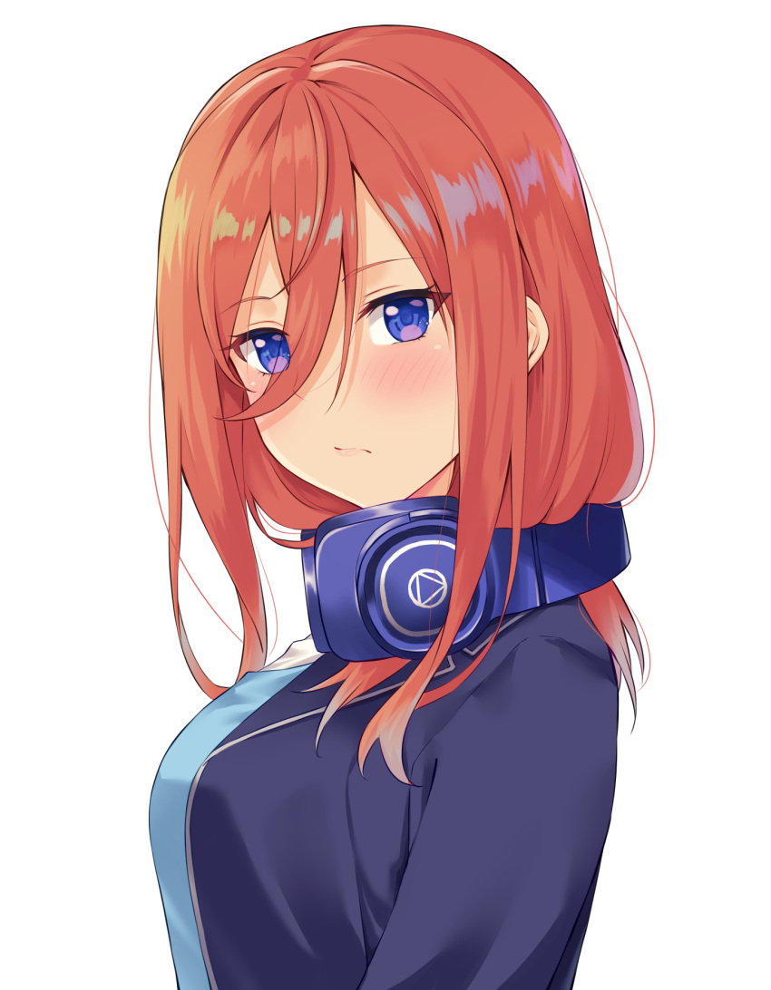 1girl bangs blue_eyes blue_jacket blue_sweater closed_mouth comic_lo eyebrows_visible_through_hair from_side go-toubun_no_hanayome hair_between_eyes headphones headphones_around_neck highres hofumaso jacket long_hair looking_at_viewer nakano_miku open_clothes open_jacket red_hair shiny shiny_hair simple_background solo straight_hair sweater upper_body white_background