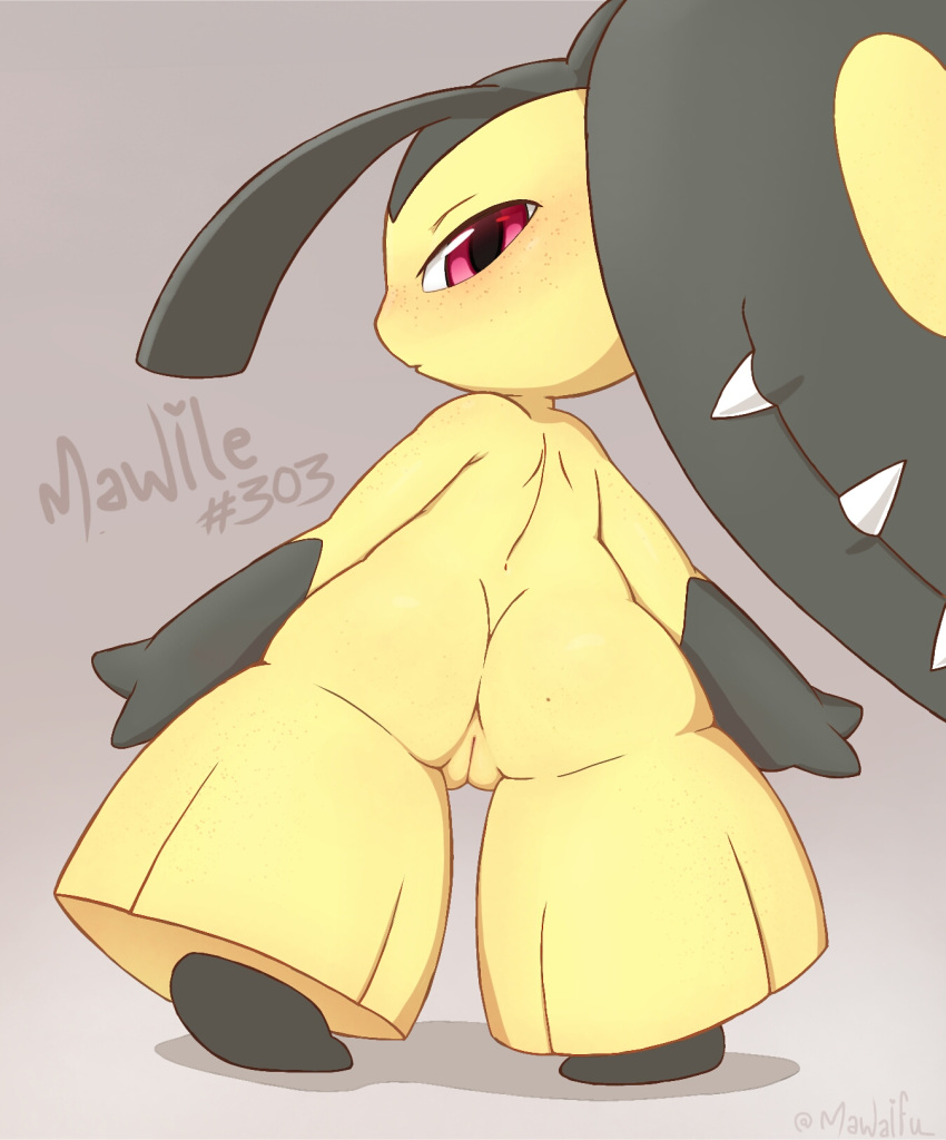 2022 anthro artist_name black_body black_hair blush butt digital_media_(artwork) female fingers freckles genitals glistening glistening_eyes grey_background hair hair_mouth half-closed_eyes hi_res looking_at_viewer looking_back looking_back_at_viewer mawaifu mawile multicolored_body narrowed_eyes nintendo nude pink_eyes pok&eacute;mon pok&eacute;mon_(species) pussy rear_view shadow signature simple_background solo standing teeth video_games yellow_body