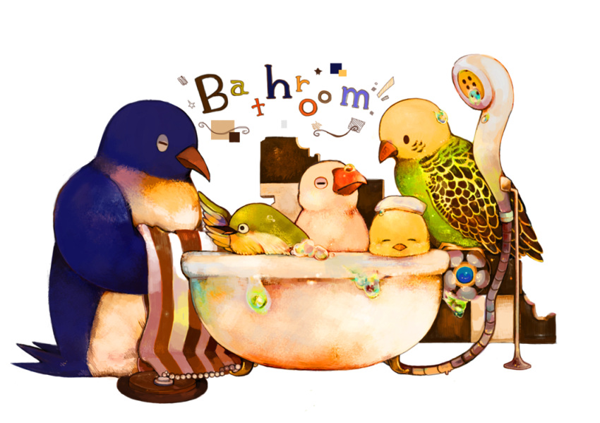 bathtub bird buku_(bunnbuk) chick no_humans original penguin phone toucan towel towel_on_head