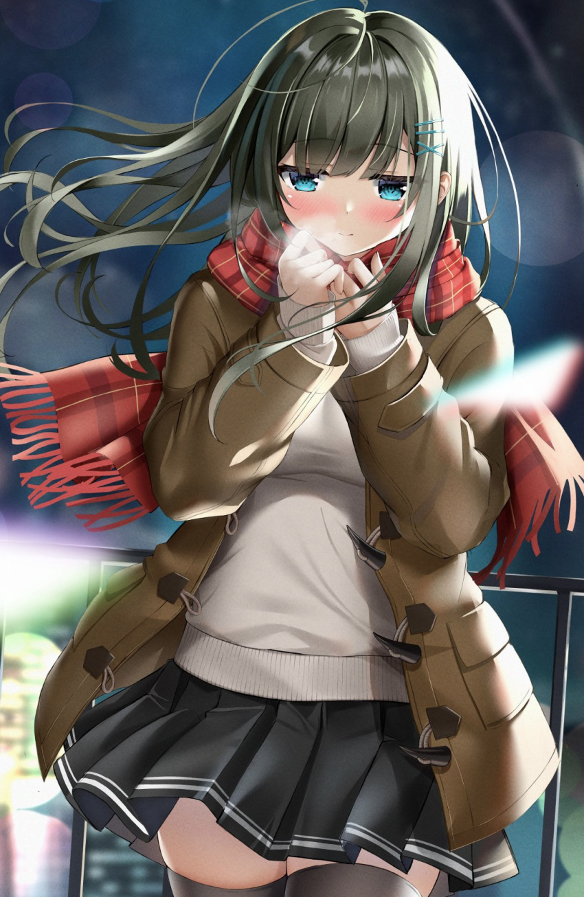 1girl bangs black_hair black_legwear black_skirt blue_eyes blunt_bangs blurry blurry_background blurry_foreground blush breasts breath brown_coat closed_mouth coat cowboy_shot duffel_coat hair_ornament hairclip hands_up highres large_breasts lens_flare long_hair mahiro_(mahiron1062) night night_sky open_clothes open_coat original outdoors plaid plaid_scarf pleated_skirt railing red_scarf scarf skirt sky sleeves_past_wrists solo sweater thighhighs thighs white_sweater x_hair_ornament zettai_ryouiki