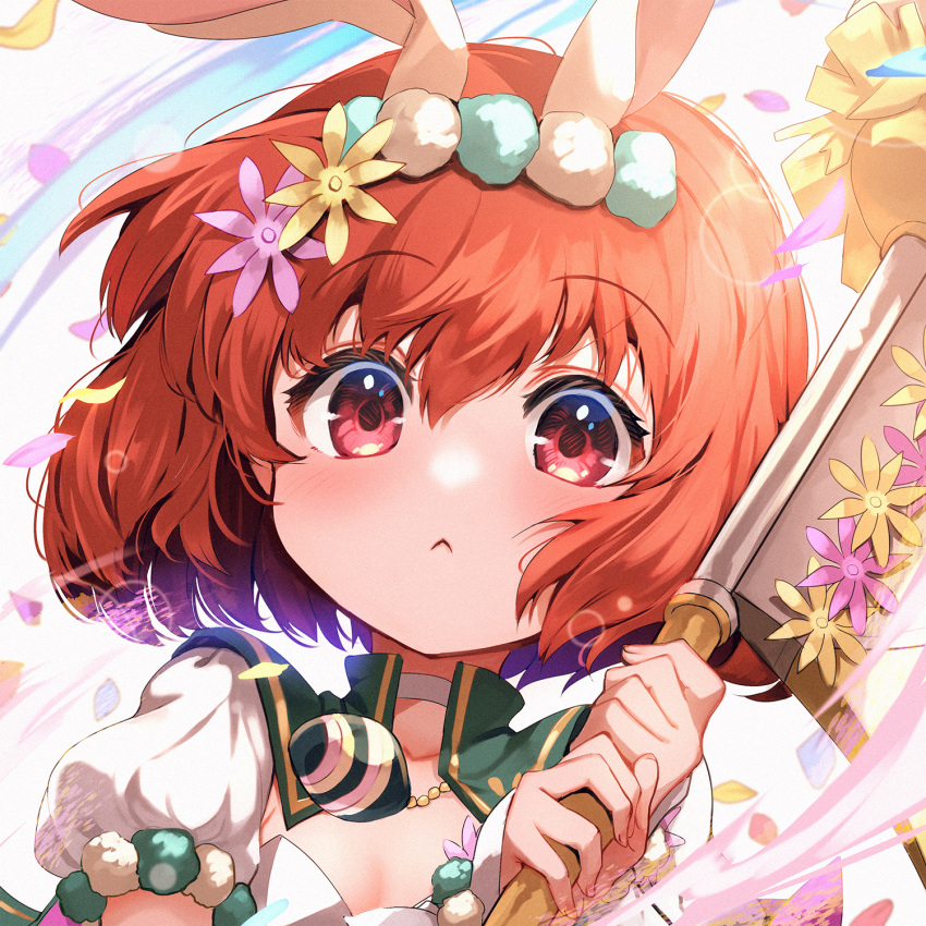 1girl alternate_costume animal_ears axe bangs blush bright_pupils close-up closed_mouth eyebrows_visible_through_hair fake_animal_ears fire_emblem fire_emblem:_mystery_of_the_emblem fire_emblem_heroes flower hair_between_eyes hair_flower hair_ornament highres holding holding_axe holding_weapon light_rays looking_at_viewer maria_(fire_emblem) nakabayashi_zun official_alternate_costume portrait puffy_short_sleeves puffy_sleeves rabbit_ears red_eyes red_hair shiny short_hair short_sleeves simple_background solo weapon