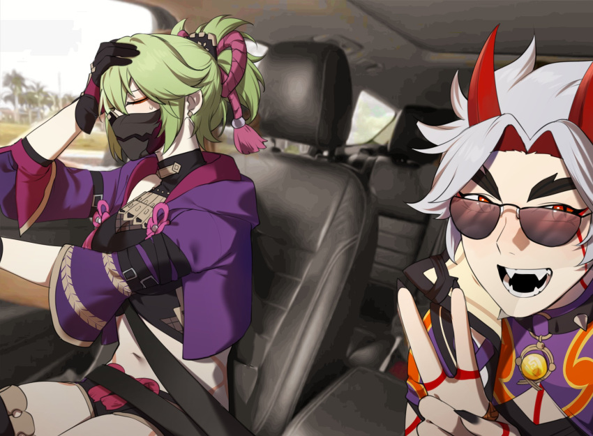 1boy 1girl arataki_itto bangs black_mask black_shorts crop_top fingerless_gloves genshin_impact gloves green_hair hair_ornament highres hood hoodie horns jacket japanese_clothes kuki_shinobu long_hair looking_at_viewer loverchigen mask mouth_mask navel obscured oni oni_horns photo_background ponytail purple_eyes purple_jacket red_eyes shorts spikes white_hair