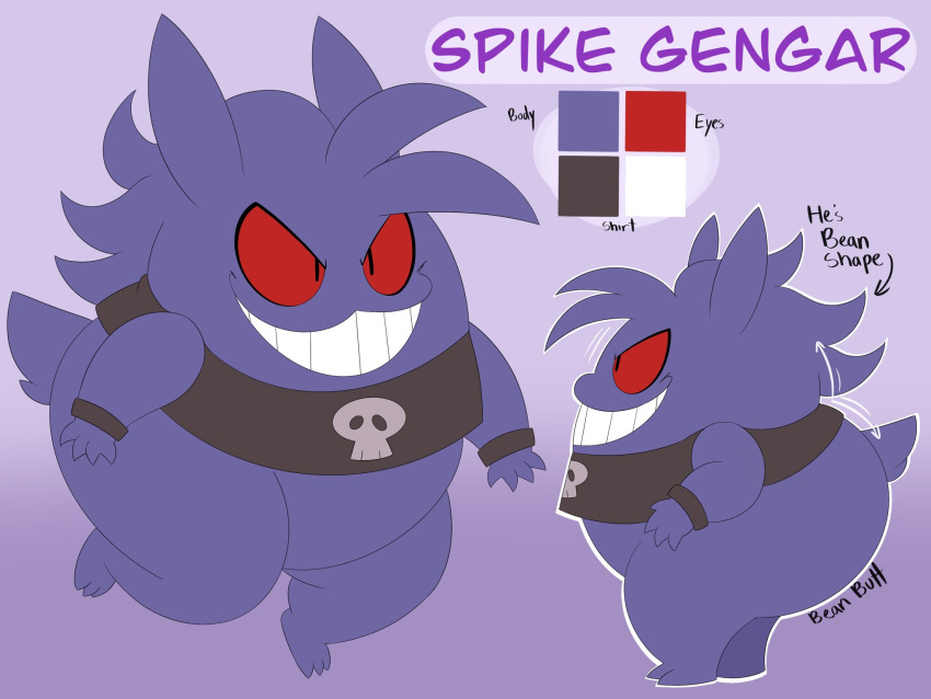 anthro big_butt black_clothing black_shirt black_topwear butt clothing color_swatch fur gengar grin hi_res male megacoolbear_(artist) model_sheet nintendo pok&eacute;mon pok&eacute;mon_(species) purple_body purple_fur red_eyes shirt side_view smile solo spike_(megacoolbear) teeth topwear video_games