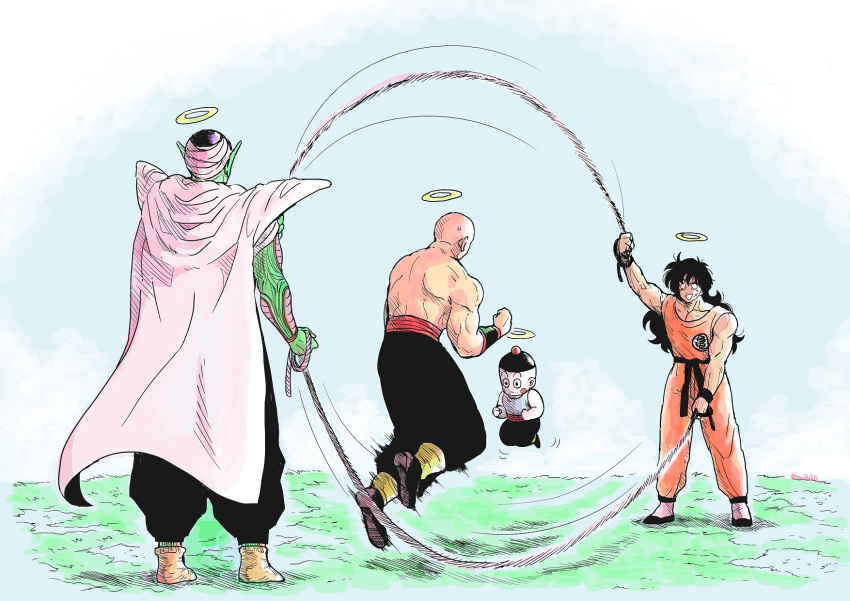 4boys blue_sky chaozu commentary_request day dragon_ball dragon_ball_z grass halo highres japanese_clothes jump_rope jumping multiple_boys piccolo playing puar rope sky smile standing tanukichi_(spica1985) tenshinhan topless_male yamcha