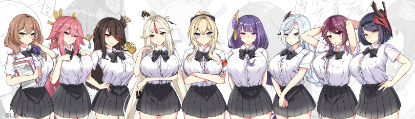 6+girls :o absurdres alternate_costume animal_ears armband arms_behind_back arms_behind_head arms_under_breasts beidou_(genshin_impact) black_bow black_bowtie black_hair black_skirt blonde_hair blue_eyes blue_hair book bow bowtie braid braided_ponytail breasts brown_hair button_gap can card closed_mouth collared_shirt cowboy_shot earrings eyebrows_visible_through_hair eyepatch flower fox_ears frown genshin_impact green_eyes hair_flower hair_ornament hair_over_shoulder hair_stick hair_tassel hand_on_hip highres holding holding_book holding_can holding_card holding_clothes holding_panties holding_underwear jean_(genshin_impact) jewelry kujou_sara large_breasts line4x lisa_(genshin_impact) long_hair looking_at_viewer multicolored_hair multiple_girls ningguang_(genshin_impact) panties parted_lips pink_hair ponytail purple_eyes purple_hair raiden_shogun red_eyes red_hair rosaria_(genshin_impact) school_uniform shenhe_(genshin_impact) shirt shirt_tucked_in short_hair short_hair_with_long_locks short_sleeves silver_hair skirt smile streaked_hair tented_shirt underwear vision_(genshin_impact) white_shirt yae_miko yellow_eyes zoom_layer