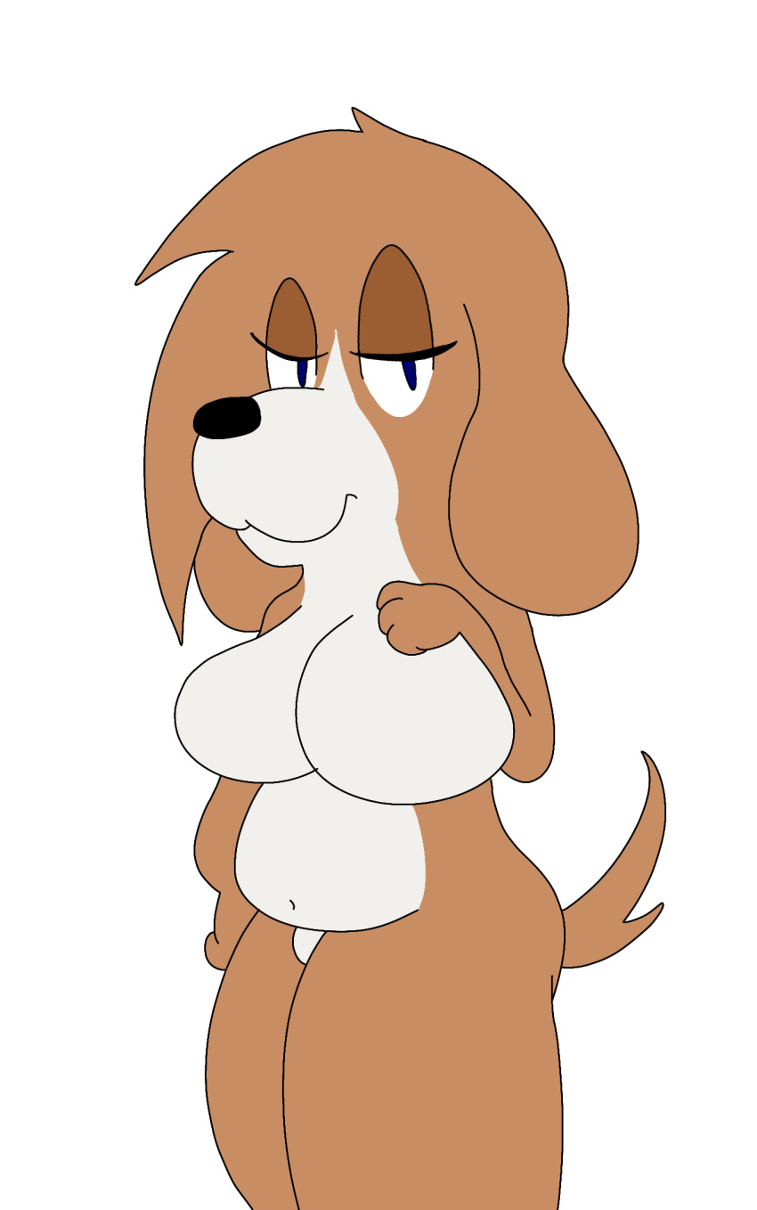 anthro basset_hound blue_eyes breasts brown_body brown_fur butt canid canine canis catscratch08th digital_drawing_(artwork) digital_media_(artwork) domestic_dog fan_character female floppy_ears fur hi_res humanoid hunting_dog mammal organs scent_hound simple_background solo solo_focus stomach white_background