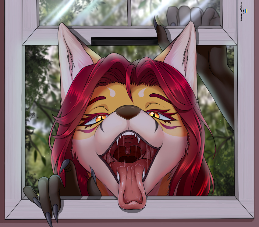 &lt;3 2022 absurd_res anthro bodily_fluids canid canine clawed_fingers drooling ezo_red_fox facial_markings female fox fur gesture hair head_markings hi_res imminent_vore looking_at_viewer mammal markings monro-sha mouth_shot open_mouth open_window oral_vore pointing pointing_at_viewer pupils red_fox red_hair saliva saliva_on_tongue saliva_string slit_pupils solo teeth tongue tongue_out ukrainian_flag vore vulpes_foxnik window yellow_body yellow_eyes yellow_fur