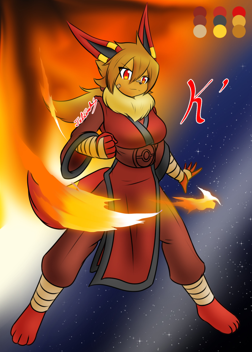 anthro arm_wraps breasts brown_body brown_fur brown_hair clothing dipstick_ears dipstick_tail eeveelution elemental_manipulation female fire fire_manipulation flareon fur hair hi_res hybrid k'_fumei leg_wrap markings multicolored_ears neck_tuft nintendo pok&eacute;mon pok&eacute;mon_(species) ponytail red_body red_clothing red_eyes red_fur ring_(marking) ringtail solo star tail_markings tetsushi tuft umbreon video_games wraps