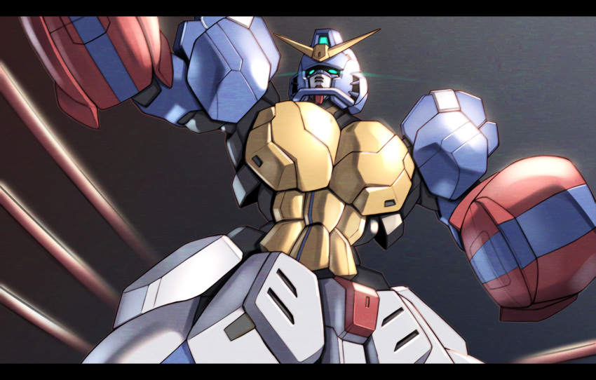 absurdres blue_eyes g_gundam glowing glowing_eyes grey_background gundam gundam_maxter highres letterboxed looking_up mecha no_humans science_fiction solo takahashi_masaki v-fin