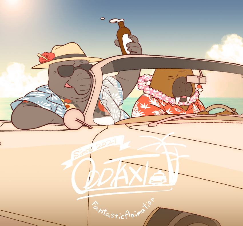 2022 aloha_shirt anthro brown_body car clothed clothing cloud detailed_background driving duo eyes_closed eyewear hat headgear headwear hi_res hiroshi_odokawa_(odd_taxi) humanoid_hands inside_car kemono kuroda_(odd_taxi) male mammal marine odd_taxi open_clothing open_shirt open_topwear osansyoup outside overweight overweight_male pattern_clothing pattern_shirt pattern_topwear pinniped shirt sitting sun sunglasses tapir topwear vehicle walrus water