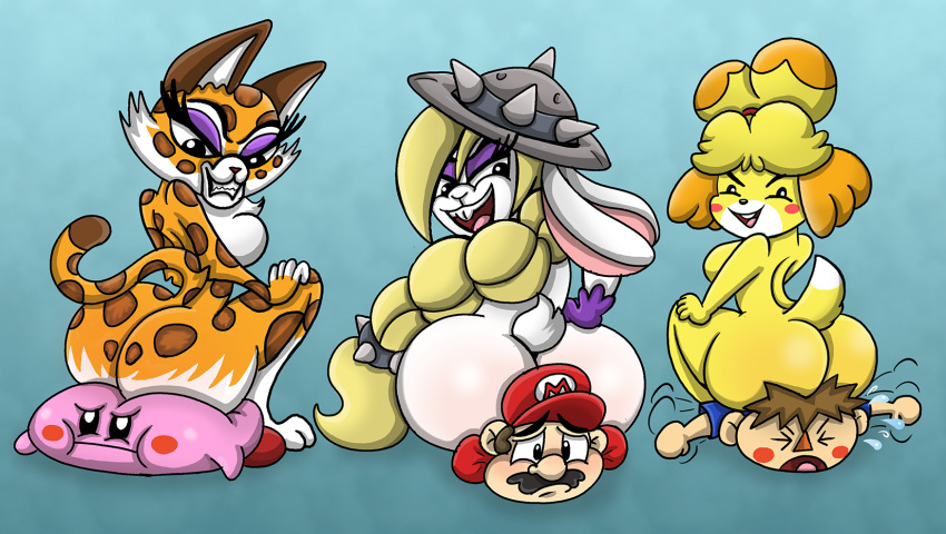 animal_crossing anthro big_butt blushbutt blushing_profusely broodal butt clawroline female fur group hariet_(mario) hi_res isabelle_(animal_crossing) kirby kirby_(series) male male/female mario mario_bros nintendo nude shinragod sitting smothering spots spotted_body spotted_fur super_mario_odyssey video_games villager_(animal_crossing) white_body white_fur yellow_body yellow_fur