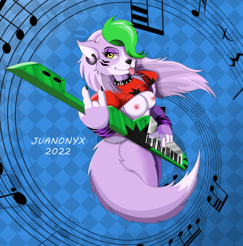 animatronic breasts canid canine canis ear_piercing ear_ring female five_nights_at_freddy's five_nights_at_freddy's:_security_breach fur hi_res juanonyx machine mammal music musical_instrument musical_note perspective piercing punk punk_hair purple_body purple_fur robot roxanne_wolf_(fnaf) scottgames solo spiral video_games wolf