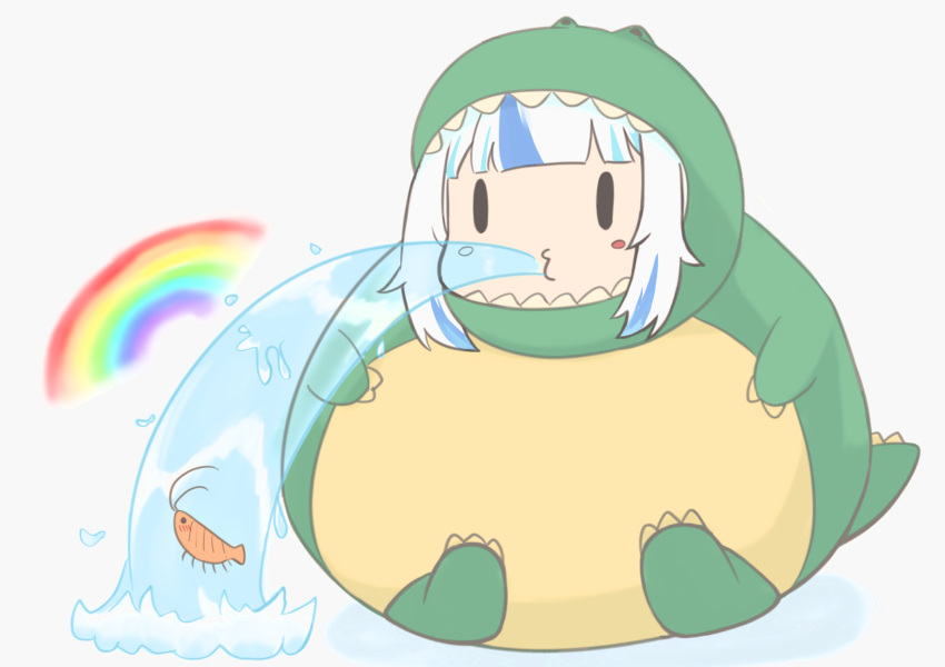 1girl belly black_eyes blush dinosaur_costume full_body gawr_gura highres hololive hololive_english holomyth multicolored_hair nekocrowss plump rainbow shadow shark_girl shrimp sitting spitting streaked_hair swimming tail virtual_youtuber water white_background