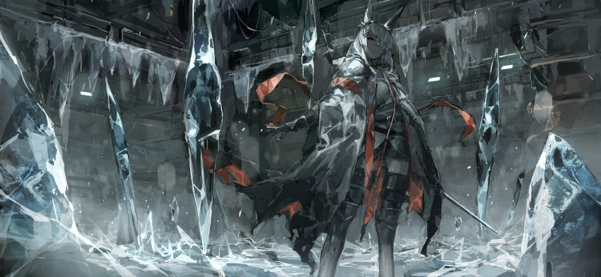 1girl animal_ears arknights armband black_gloves black_legwear black_skirt coat feet_out_of_frame frostnova_(arknights) gloves grey_eyes grey_hair grey_shirt hair_ornament hair_over_one_eye hairclip highres holding holding_sword holding_weapon ice ice_crystal looking_at_viewer open_clothes open_coat orange_ribbon originium_(arknights) ph. rabbit_ears ribbon scar scar_on_face scar_on_nose shirt skirt solo sword thighhighs v-shaped_eyebrows weapon white_coat
