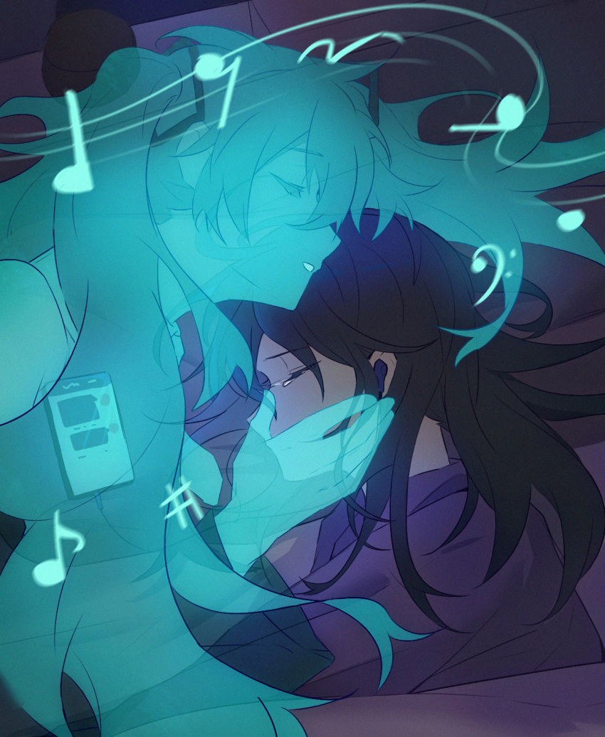 2girls bass_clef bed bed_sheet black_hair cellphone closed_eyes closed_mouth crying earbuds earphones eighth_note eyebrows_visible_through_hair eyes_visible_through_hair floating_hair from_above glowing hand_on_another's_cheek hand_on_another's_face hatsune_miku head_kiss highres hologram hoshino_ichika_(project_sekai) indoors listening_to_music long_hair lying messy_hair motion_blur multiple_girls music musical_note nape on_bed on_side pajamas parted_lips phone phone_screen pillow profile project_sekai quarter_note sad sharp_sign smartphone staff_(music) tears transparent twintails under_covers very_long_hair vocaloid ximuye