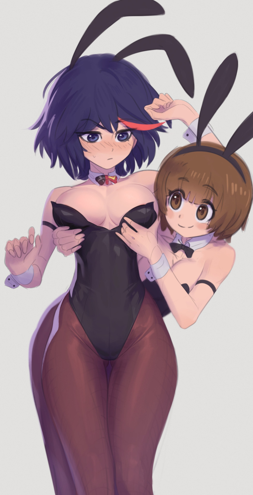 2girls absurdres animal_ears arm_up bare_shoulders behind_another black_hair black_leotard blush blush_stickers breast_grab breasts brown_eyes brown_hair clenched_hand cowboy_shot daniel_deves detached_collar english_commentary fake_animal_ears grabbing groping hand_up highres kill_la_kill leotard looking_at_another looking_down mankanshoku_mako matoi_ryuuko medium_breasts multicolored_hair multiple_girls pantyhose playboy_bunny rabbit_ears reach-around red_hair short_hair smile standing strapless strapless_leotard streaked_hair sweat undersized_breast_cup wrist_cuffs yuri