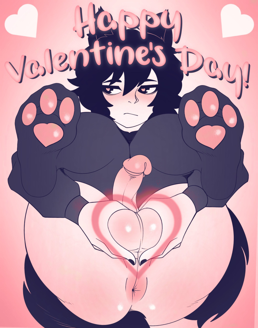 &lt;3 &lt;3_eyes absurd_res animal_humanoid anus balls black_hair black_nails blush bro_aniki butt cat_humanoid clothing colored_nails doomer_(bro_aniki) english_text feet_up felid felid_humanoid feline feline_humanoid genitals gesture girly hair hi_res holidays humanoid humanoid_genitalia humanoid_penis legs_up legwear light_body light_skin looking_away male mammal mammal_humanoid nails pawpads paws penis pink_pawpads presenting presenting_anus presenting_hindquarters shy solo spread_legs spreading submissive submissive_male sweatshirt text thigh_highs valentine's_day wide_hips wolf_tail