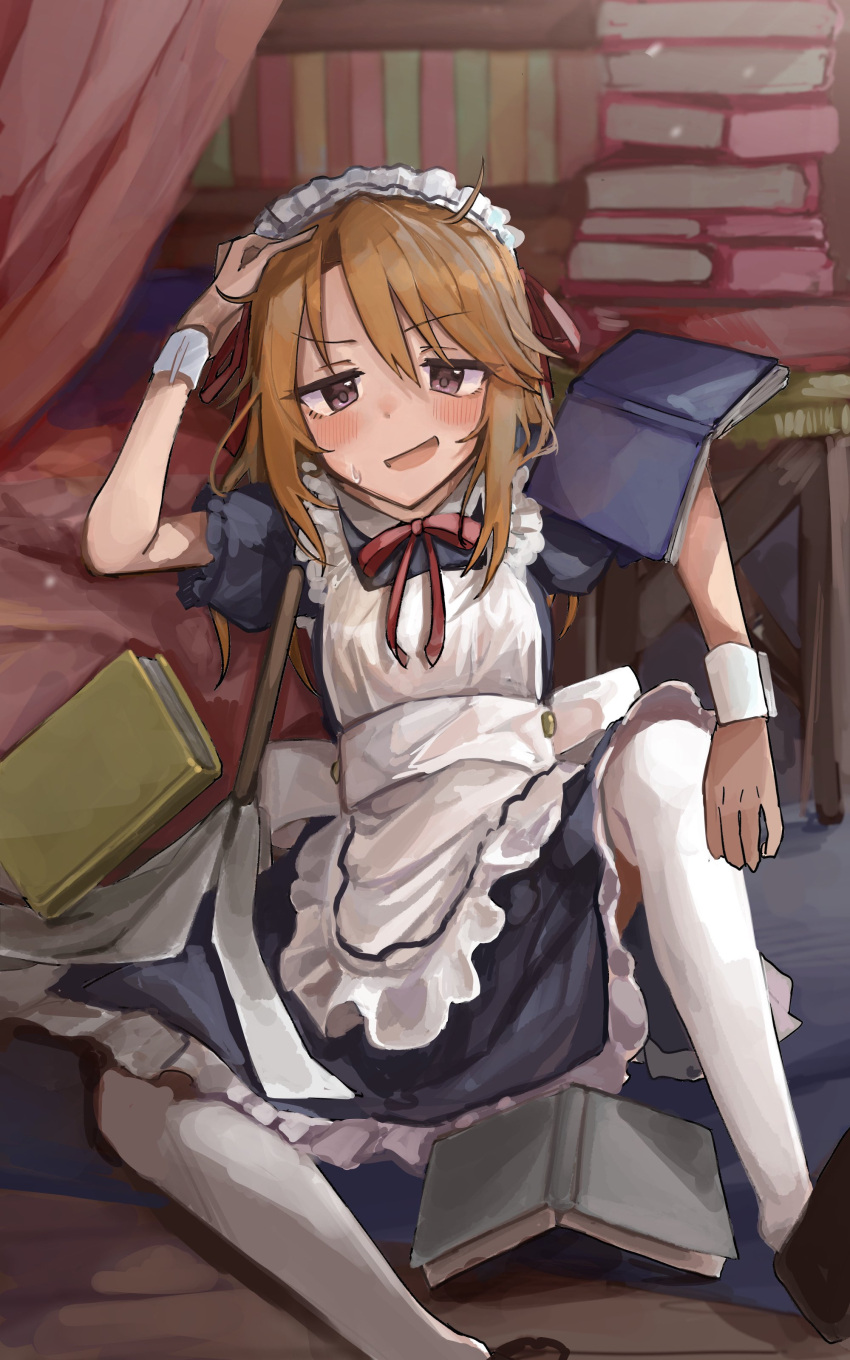 absurdres apron back_bow bangs black_blouse black_skirt blouse blush book book_stack bookshelf bow breasts brown_hair commentary_request duster eyebrows_visible_through_hair frilled_apron frills hachiya_(silica_q) hand_on_own_head highres idolmaster idolmaster_cinderella_girls indoors long_skirt looking_at_viewer maid maid_apron maid_headdress medium_hair messy_hair on_floor open_mouth puffy_short_sleeves puffy_sleeves purple_eyes red_ribbon ribbon short_sleeves skirt small_breasts smile solo sweat thighhighs white_legwear wrist_cuffs yuuki_haru