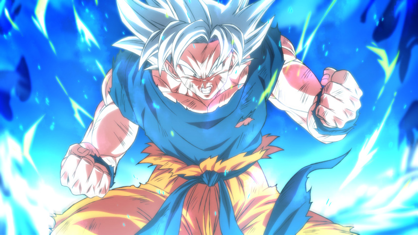 1boy aura battle_damage blue_sash blue_sky blurry blurry_background clenched_teeth dougi dragon_ball dragon_ball_super dragon_ball_super_broly glacier male_focus open_mouth rom_(20) sash sky solo son_goku teeth torn_clothes transformation ultra_instinct white_eyes white_hair