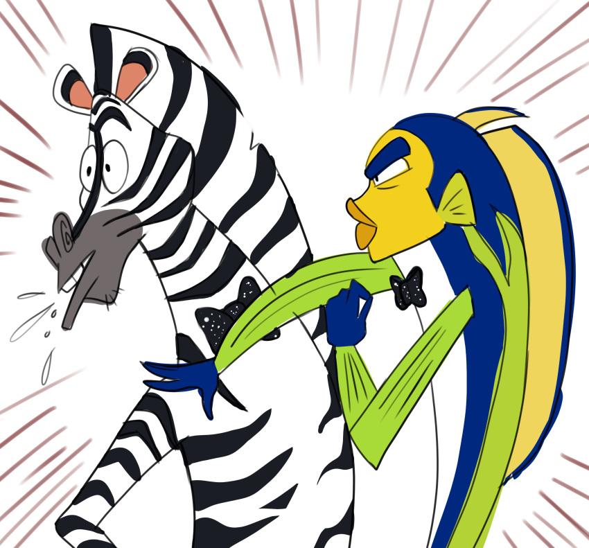 absurd_res bow_tie domestic_maid dreamworks duo equid equine fish hi_res madagascar_(series) male mammal marine marty_the_zebra oscar_(shark_tale) shark_tale slap will_smith_slapping_chris_rock zebra