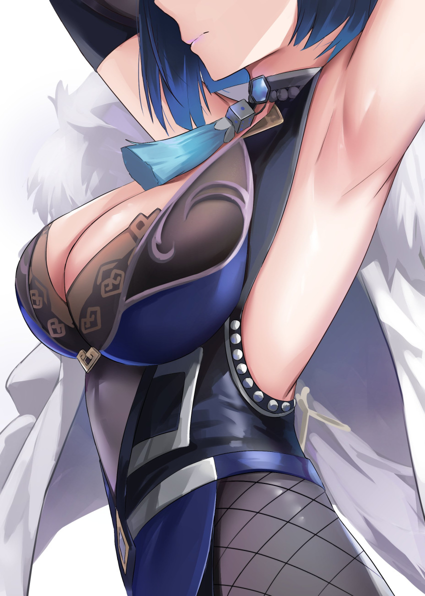 1girl absurdres armpits arms_up black_gloves blue_hair breasts closed_mouth coat commentary commentary_typo elbow_gloves fishnets from_side fur-trimmed_coat fur_trim genshin_impact gloves head_out_of_frame highres large_breasts open_clothes open_coat short_hair simple_background skai_kun sleeveless solo tassel white_background white_coat yelan_(genshin_impact)