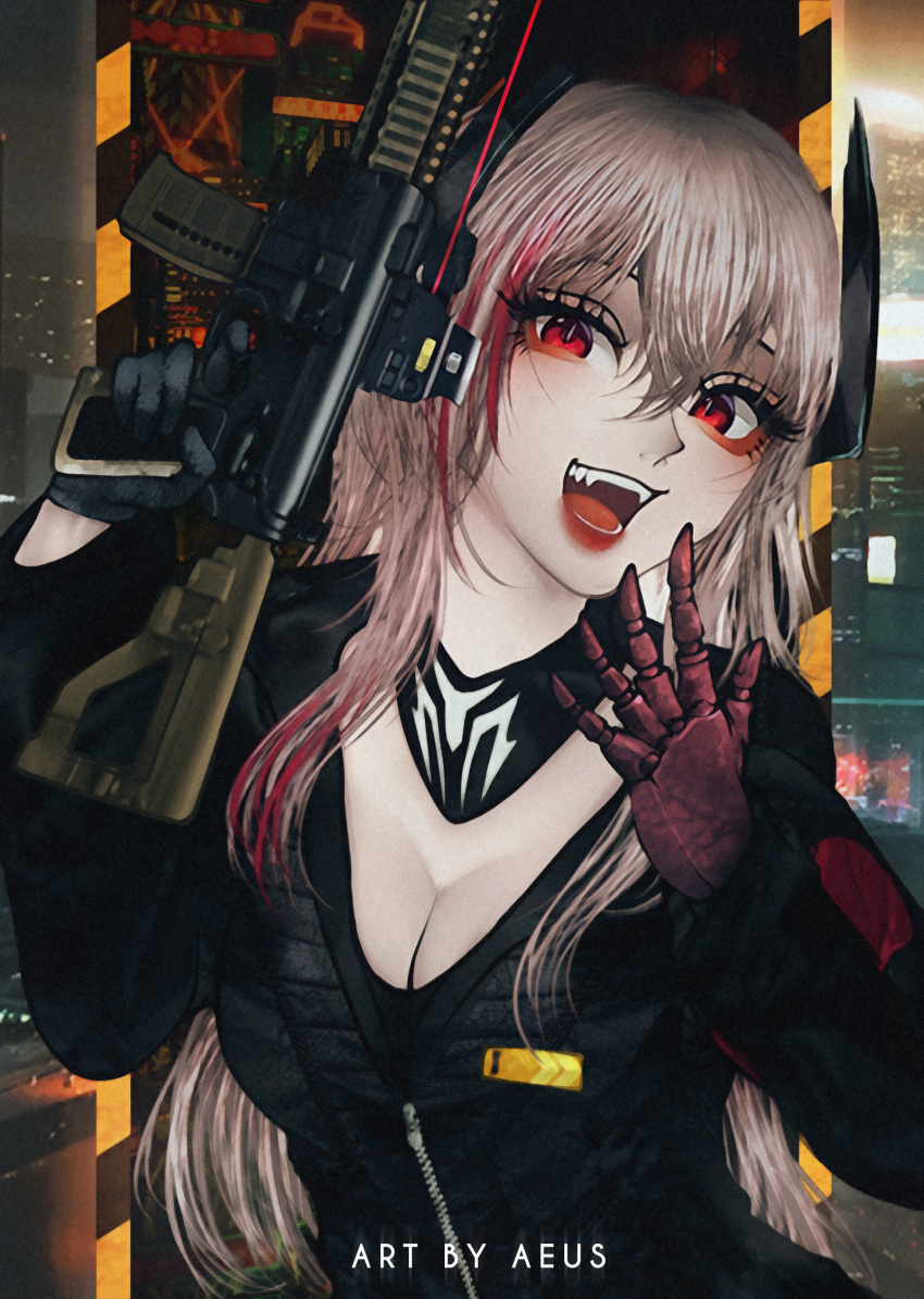 1girl aeus assault_rifle black_gloves black_jumpsuit black_scarf blonde_hair eotech eyebrows fangs girls'_frontline gloves gun hair_ornament highres holding holding_gun holding_weapon holster hood hooded_jacket jacket jumpsuit lips looking_at_viewer m4_carbine m4_sopmod_ii_(girls'_frontline) multicolored_hair multiple_boys open_mouth red_eyes red_hair rifle scarf smile solo streaked_hair track_jacket two-tone_hair weapon