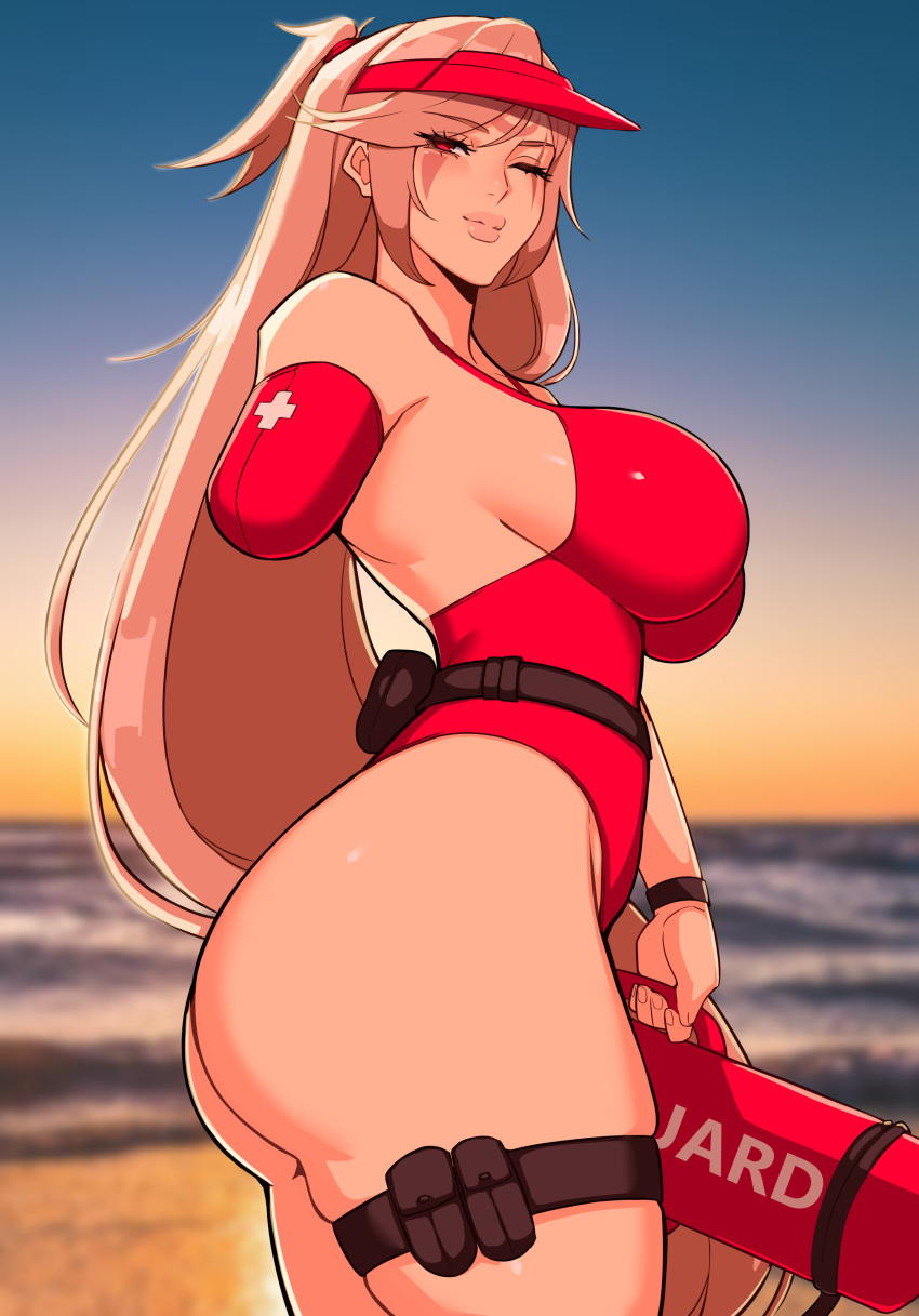 1girl absurdres alecto_0 amputee ass baiken baywatch beach belt_pouch blurry blurry_background breasts curvy detached_sleeves facial_tattoo fingernails guilty_gear highres holding huge_breasts lifeguard lips long_hair ocean one-eyed one-piece_swimsuit one_side_up photo_background pink_hair ponytail pouch red_eyes red_headwear red_swimsuit scar scar_across_eye single_detached_sleeve skindentation solo swimsuit tattoo thick_thighs thigh_pouch thighs twisted_torso very_long_hair visor_cap watch wristwatch