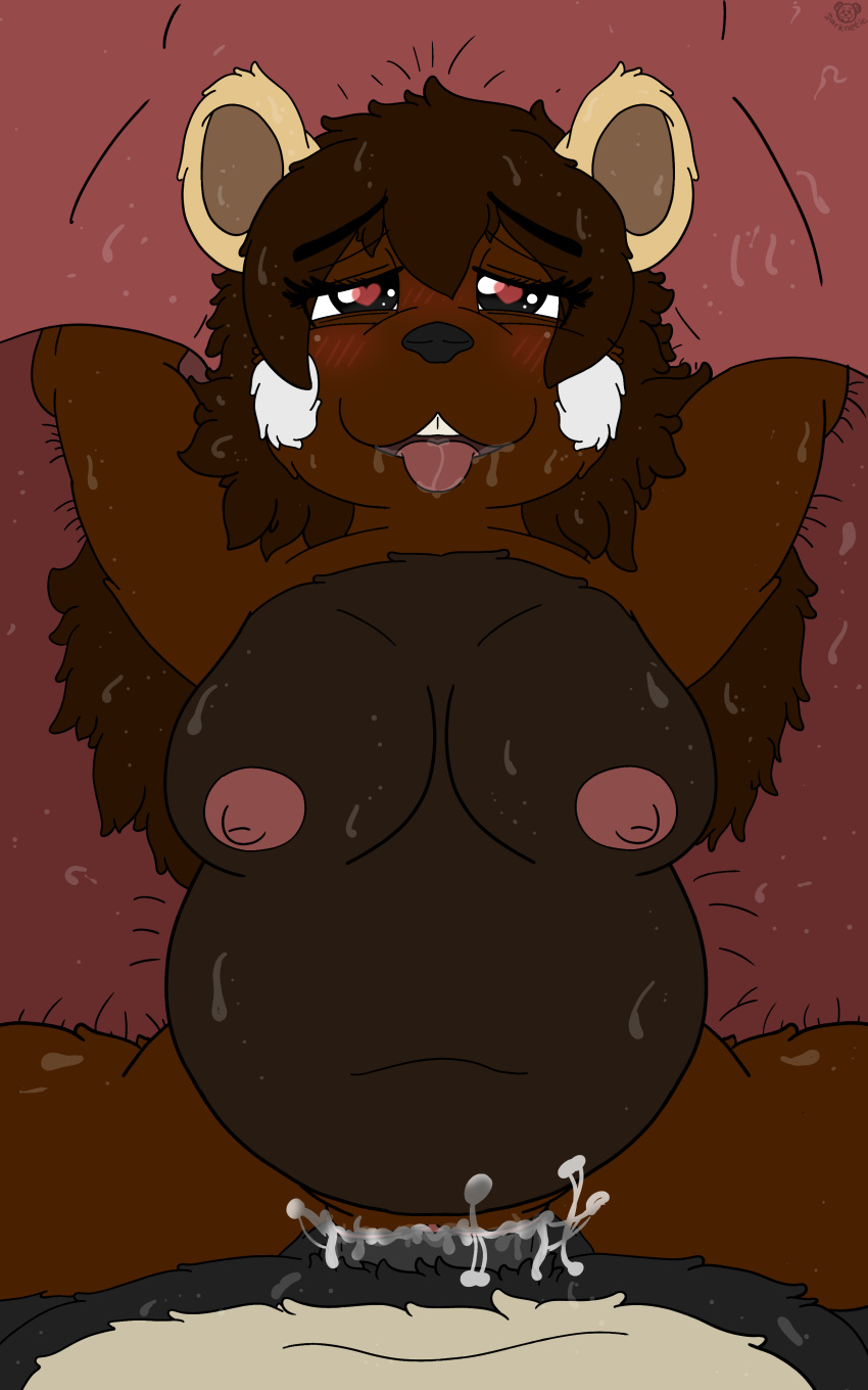 &lt;3 &lt;3_eyes absurd_res anthro bed black_body black_fur blush bodily_fluids brown_body brown_fur brown_hair chocolate_mouse cum cum_inside darknetic drooling duo female first_person_view fluffy fur furniture genital_fluids gift hair hi_res kuma_(darknetic) lying male male/female mammal mouse murid murine on_back open_mouth overweight rodent saliva slightly_chubby spread_legs spreading sweat sweetchu tongue tongue_out ursid vaginal white_body white_fur yellow_body yellow_fur