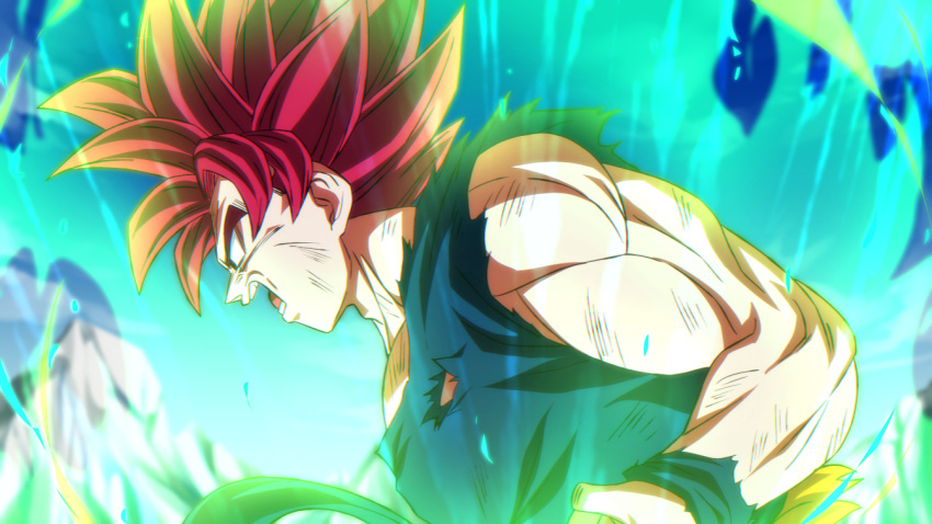 1boy aura battle_damage blue_sky blurry blurry_background dougi dragon_ball dragon_ball_super dragon_ball_super_broly glacier male_focus muscular muscular_male open_mouth red_hair rom_(20) sky solo son_goku spiked_hair super_saiyan super_saiyan_god torn_clothes transformation