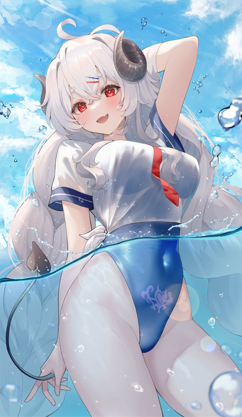1girl :d ahoge arm_behind_back arm_up blue_swimsuit breasts cloud contrapposto covered_navel cowboy_shot crop_top curled_horns day demon_girl demon_horns demon_tail fang hair_ornament hairclip heart heart-shaped_pupils highleg highleg_swimsuit highres horns large_breasts long_hair looking_at_viewer necktie one-piece_swimsuit original outdoors partially_submerged partially_underwater_shot pubic_tattoo red_eyes sailor_collar sailor_shirt shirt short_sleeves side-tie_shirt sky smile solo standing sunlight swimsuit symbol-shaped_pupils tail tattoo thick_eyebrows thighs very_long_hair water wet white_hair white_shirt zain_(jiha3905)
