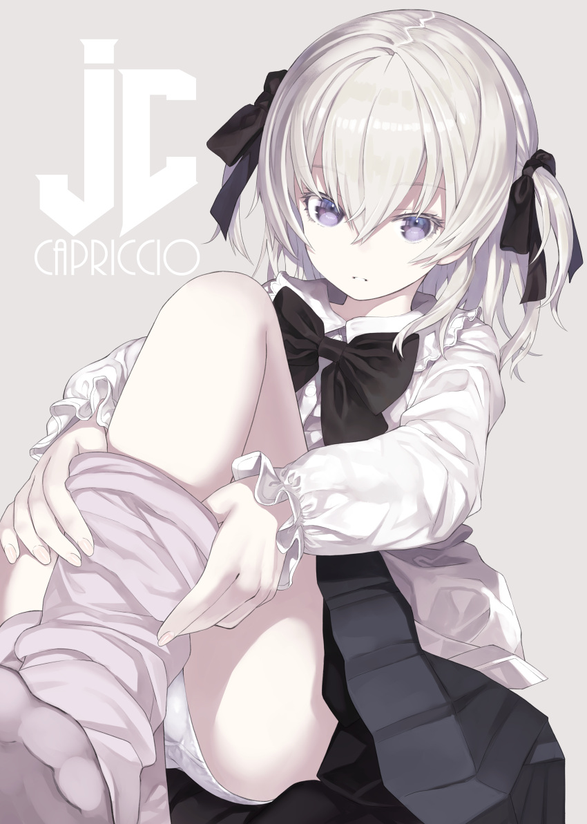 1girl absurdres artist_name bangs black_bow black_skirt bow capriccio commentary eyebrows_visible_through_hair fingernails grey_background hair_between_eyes hair_bow highres long_hair long_sleeves mashiro_icone original pale_skin panties parted_lips pink_legwear pleated_skirt purple_eyes shirt silver_hair simple_background sitting skirt solo thighhighs_pull two_side_up underwear white_panties white_shirt