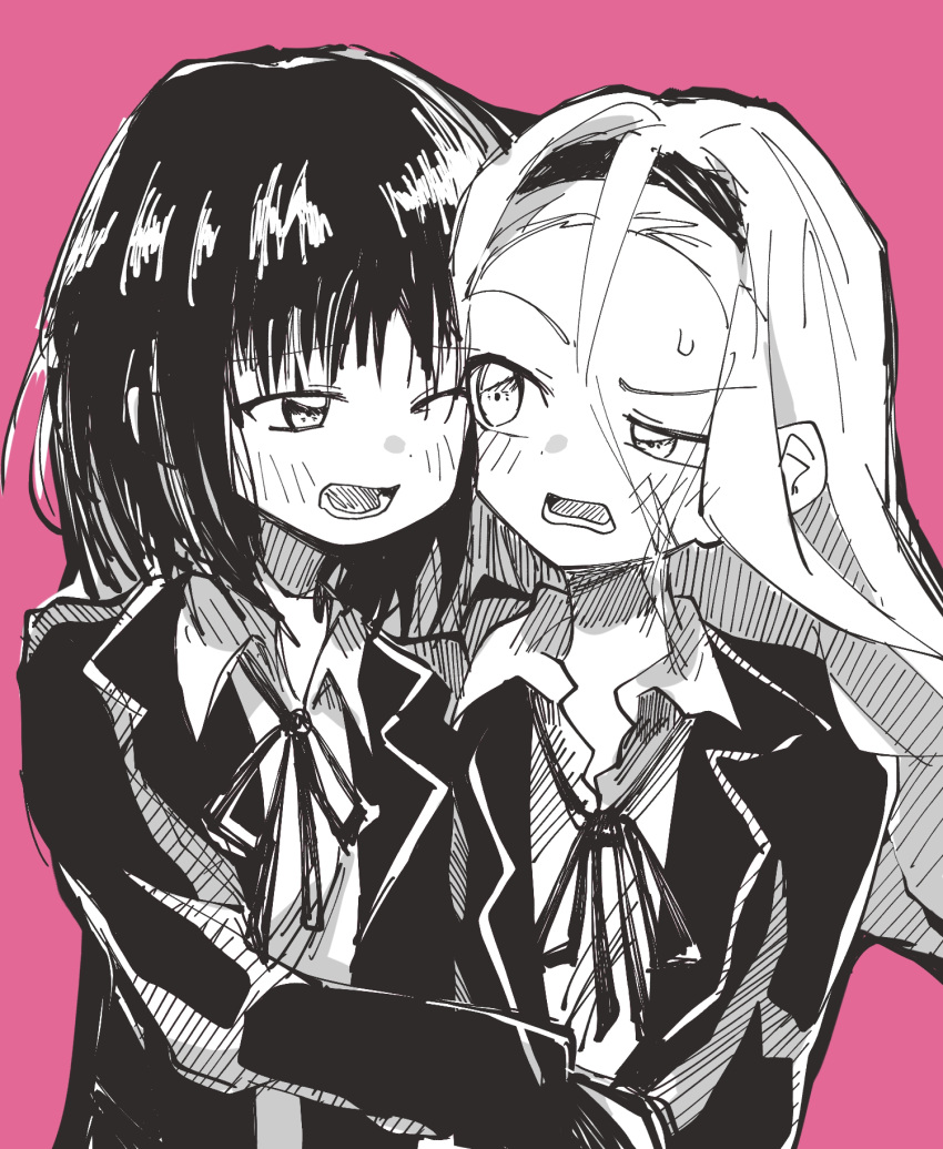 2girls bangs bangs_pinned_back blazer blush bolo_tie hairband highres jacket kirarazaka_marina kuze_shizuka long_hair long_sleeves looking_at_another multiple_girls one_eye_closed open_clothes open_jacket parted_lips school_uniform short_hair sweat takopii_no_genzai tsukumo_(tsukumo_sos)