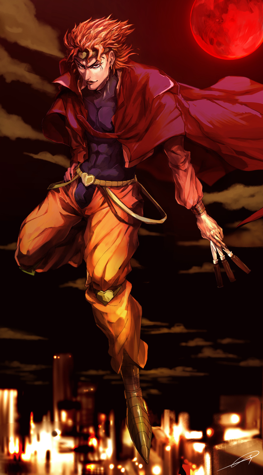 1boy absurdres blonde_hair cape dio_brando flying green_footwear headband highres holding holding_knife hospital_0434 jojo_no_kimyou_na_bouken knife knives_between_fingers looking_at_viewer moon pants red_cape red_eyes red_moon short_hair signature solo stardust_crusaders vampire yellow_pants