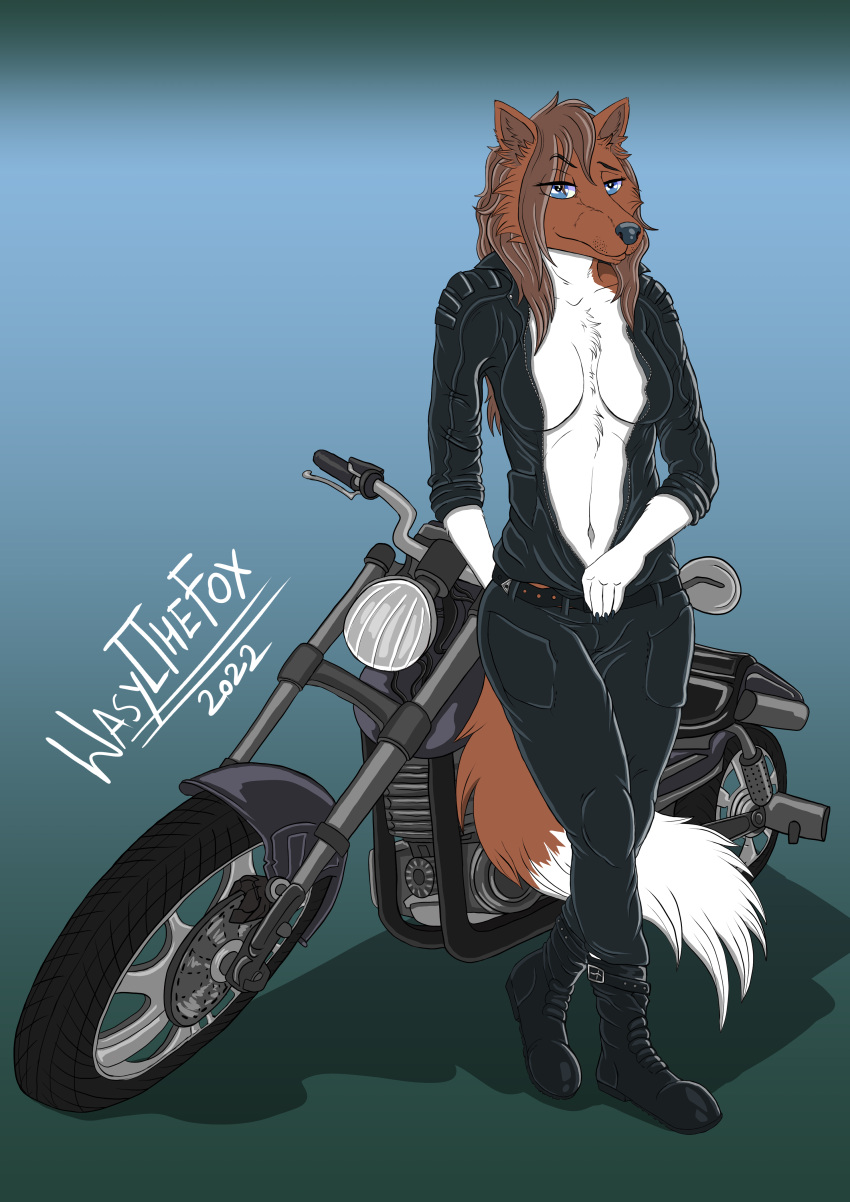 absurd_res animal_humanoid anthro biker biker_girl biker_jacket breasts canid canid_humanoid canine canine_humanoid canis clothing digital_drawing_(artwork) digital_media_(artwork) female harley_davidson hi_res humanoid hybrid jacket leather leather_clothing leather_jacket leather_topwear mammal mammal_humanoid motor_vehicle motorcycle pinup pose sara_(szarik181) solo topwear vehicle wasylthefox wolf wolfdog