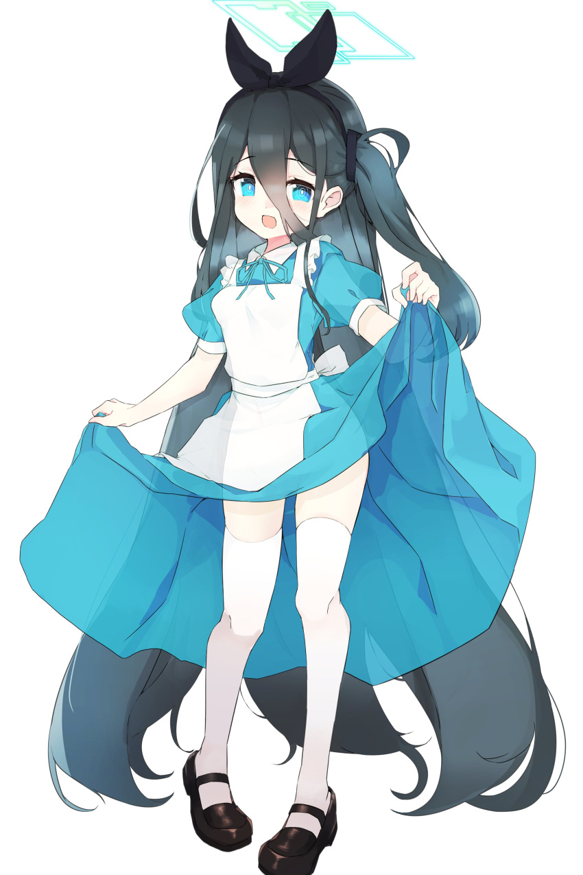 1girl absurdres alice_(alice_in_wonderland) alice_(alice_in_wonderland)_(cosplay) alice_in_wonderland animal_ears apron arisu_(blue_archive) black_hair blue_archive blue_dress blue_eyes clothes_lift cosplay dress frilled_apron frills hair_between_eyes halo highres long_hair mary_janes neck_ribbon open_mouth puffy_sleeves rabbit_ears ribbon shoes skirt skirt_lift teranekosu thighhighs very_long_hair white_background white_legwear