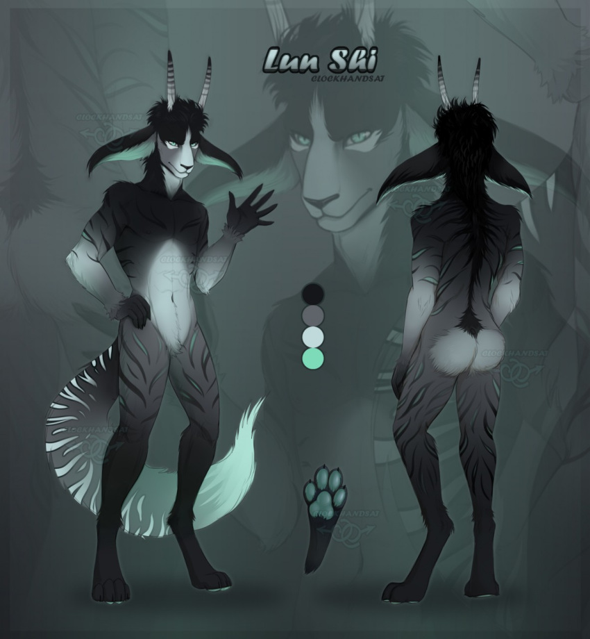 5_fingers anthro athletic athletic_anthro athletic_male big_ears biped black_ears black_hair black_horn blue_eyes blue_inner_ear blue_pawpads blue_tail butt clockhands color_swatch elbow_tufts fingers front_view fur glistening glistening_eyes hair hand_on_hip hi_res horn male markings model_sheet navel pawpads rear_view short_hair solo standing striped_arms striped_body striped_fur striped_horn striped_legs striped_markings striped_tail stripes tail_markings white_horn