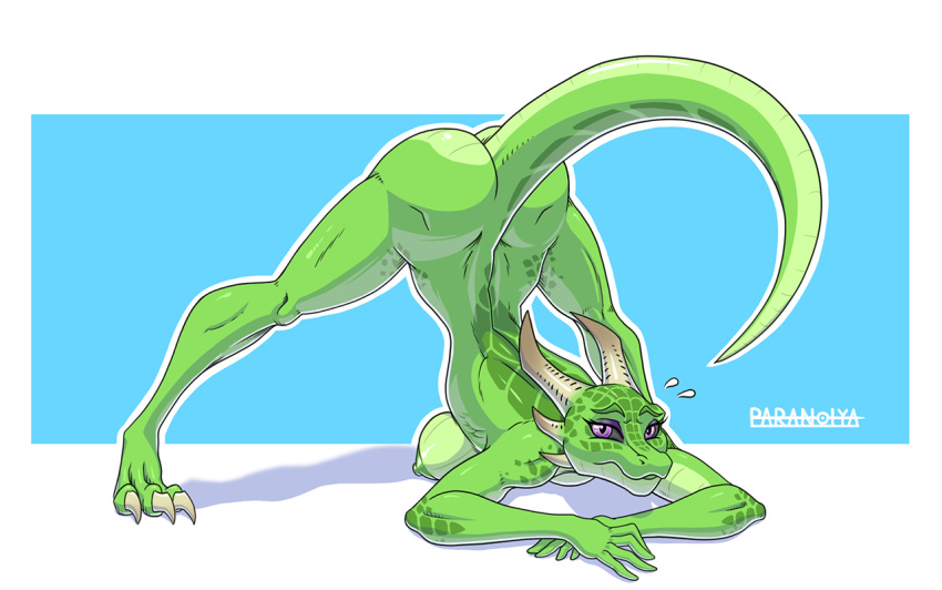 2022 anthro areola ass_up breasts female green_body green_nipples horn jack-o'_pose lizard long_tail looking_at_viewer markings meme nipples nude paranoiya pose purple_eyes reptile scalie signature simple_background solo spots spotted_markings
