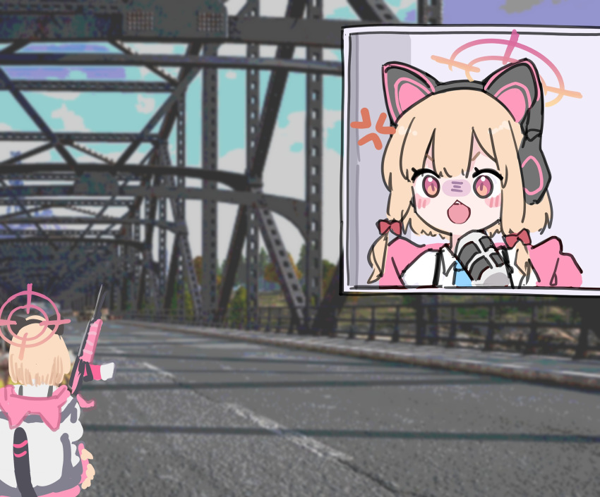1girl anger_vein angry blue_archive blue_necktie blush bow bridge cat_ear_headphones gun hair_bow headphones highres jacket livestream lyrinne microphone momoi_(blue_archive) necktie open_mouth parody pewdiepie pink_eyes pink_jacket playerunknown's_battlegrounds red_bow rifle road sidelocks symbol-only_commentary video_game weapon
