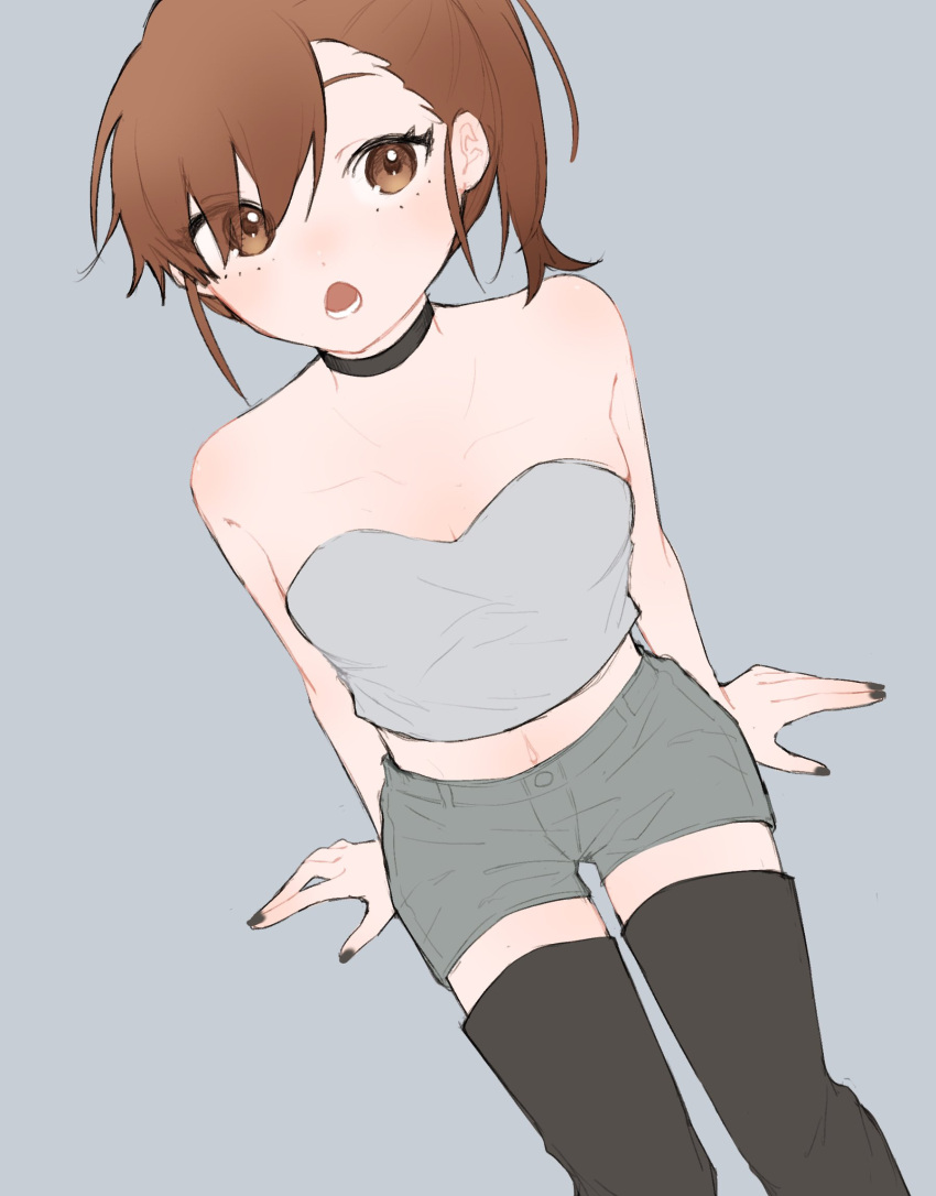 :o alternate_costume asymmetrical_bangs bangs black_choker boots brown_hair choker dutch_angle futami_mami grey_background grey_tube_top highres idolmaster idolmaster_(classic) idolmaster_million_live! ishiko_(kuensan) looking_at_viewer nail_polish navel off_shoulder short_shorts shorts simple_background thigh_boots thighhighs