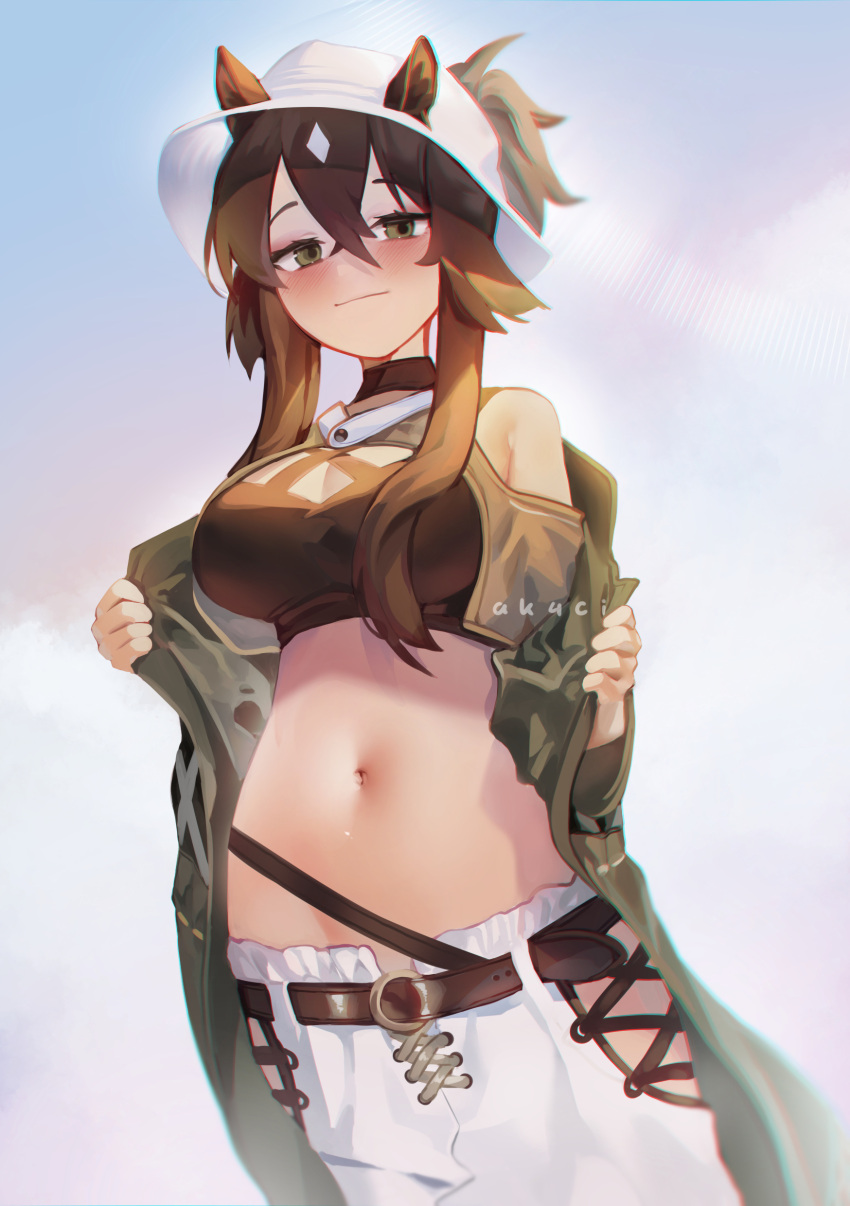 1girl absurdres ak4ci animal_ears arknights belt black_belt black_choker black_shirt blue_background blush breasts brown_hair choker cleavage cleavage_cutout clothing_cutout commentary cowboy_shot crop_top cropped_shirt ears_through_headwear green_eyes green_jacket hair_between_eyes hair_through_headwear hat highres horse_ears jacket large_breasts long_hair looking_at_viewer meteor_(arknights) meteor_(bard's_holiday)_(arknights) midriff navel official_alternate_costume open_clothes open_jacket ponytail shirt sidelocks skirt smile solo white_headwear white_skirt