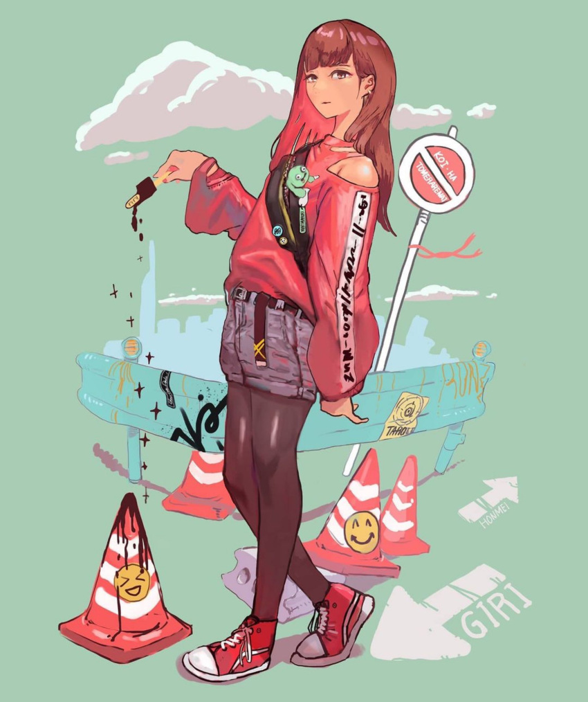1girl arm_at_side brown_eyes brown_hair brown_legwear closed_mouth clothing_cutout cloud colored_inner_hair denim denim_shorts earrings food full_body hand_up highres jewelry long_hair looking_at_viewer melting multicolored_hair original pantyhose popsicle popsicle_stick red_footwear red_hair road_sign ron3emon second-party_source shirt_tucked_in shoes shorts shoulder_cutout sign sneakers solo standing sweatshirt traffic_cone