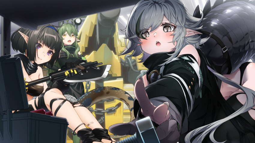 3girls absurdres antenna_hair arknights big_ugly_(arknights) black_footwear black_hair black_jacket black_tunic blush bolt crocodilian_tail eunectes_(arknights) fang gavial_(arknights) gloves goggles goggles_around_neck green_hair grey_eyes grey_gloves grey_hair highres holding holding_polearm holding_weapon jacket knee_pads long_hair multicolored_hair multiple_girls open_mouth partially_fingerless_gloves pointy_ears polearm purple_eyes reaching_out seto_tinami short_hair single_knee_pad sitting skin_fang snake_tail streaked_hair tail teeth tomimi_(arknights) tongue toolbox upper_teeth weapon yellow_eyes