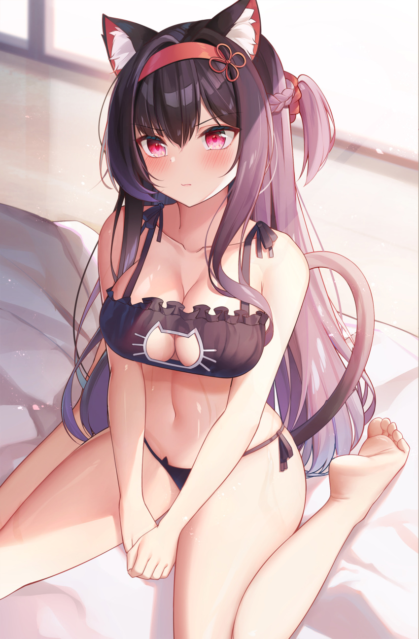 1girl absurdres animal_ear_fluff animal_ears bangs bare_arms bare_legs bare_shoulders barefoot bed_sheet between_legs black_bra black_panties black_ribbon blush bra braid breasts cat_cutout cat_ear_panties cat_ears cat_girl cat_lingerie cat_tail cleavage cleavage_cutout closed_mouth clothing_cutout eyebrows_visible_through_hair frilled_bra frills hairband hamidashi_creative hand_between_legs highres indoors kamakura_shio large_breasts long_hair meme_attire milk_box_(leoleo963852741) navel on_bed one_side_up panties pink_eyes purple_hair red_hairband ribbon side-tie_panties sitting solo sweat tail underwear underwear_only v-shaped_eyebrows very_long_hair wariza window