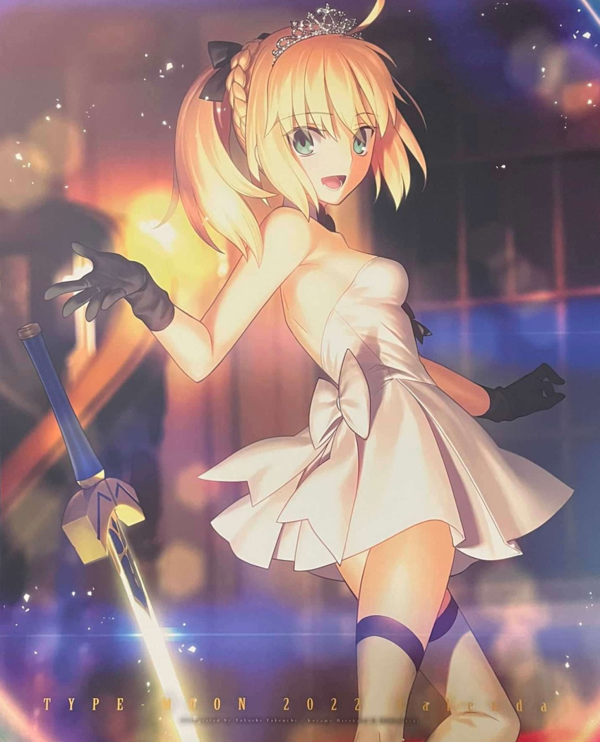 1girl ahoge artoria_pendragon_(fate) bangs black_gloves blonde_hair dress excalibur_(fate/stay_night) eyebrows_visible_through_hair fate/grand_order fate_(series) gloves green_eyes highres official_art open_mouth ponytail saber saber_lily solo sword thighhighs third-party_source weapon white_dress